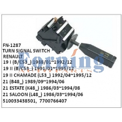 510033438501, 7700766407, TURN SIGNAL SWITCH, FN-1287 for RENAULT, 19 I (B/C53_) 1988/01~1992/12, 19 II (B/C53_) 1991/01~1995/12, 19 II CHAMADE (L53_) 1992/04~1995/12, 21 (B48_) 1989/09~1994/06, 21 ESTATE (K48_) 1986/03~1994/08, 21 SALOON (L48_) 1986/03~1