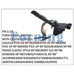 26100985, 26047330, 26054727, 26083629, 26091771, 26097021, D826A, SW952. DS698 TURN SIGNAL SWITCH FN-1119 for S10/S15 PICK UP 95~96, 1500 PICK UP 95~99, 2500 PICK UP 95~00, 3500 PICK UP 95~02, SUBURBAN 95~99, TAHOE CLAYSIC STYLE 95~00, JIMMY S15 95~96, S